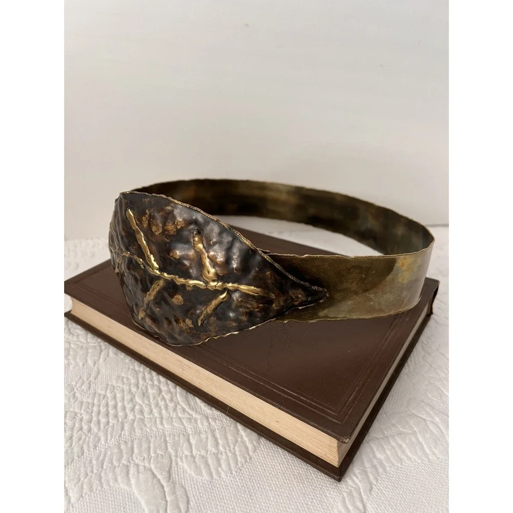 Vintage 80's Chunky Hammered Metal Waist Belt Leaf Buckle Size M 32
